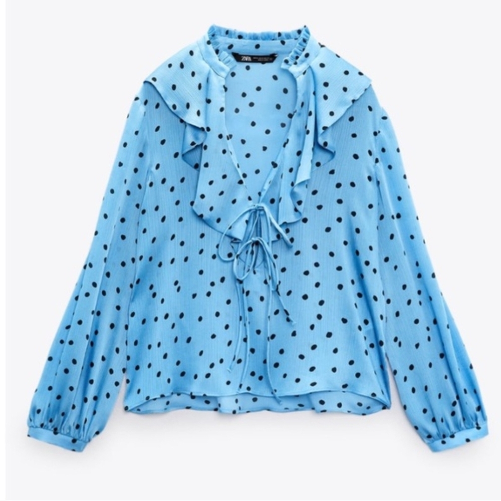 Zara Light Blue Blouse with Black Polka Dots